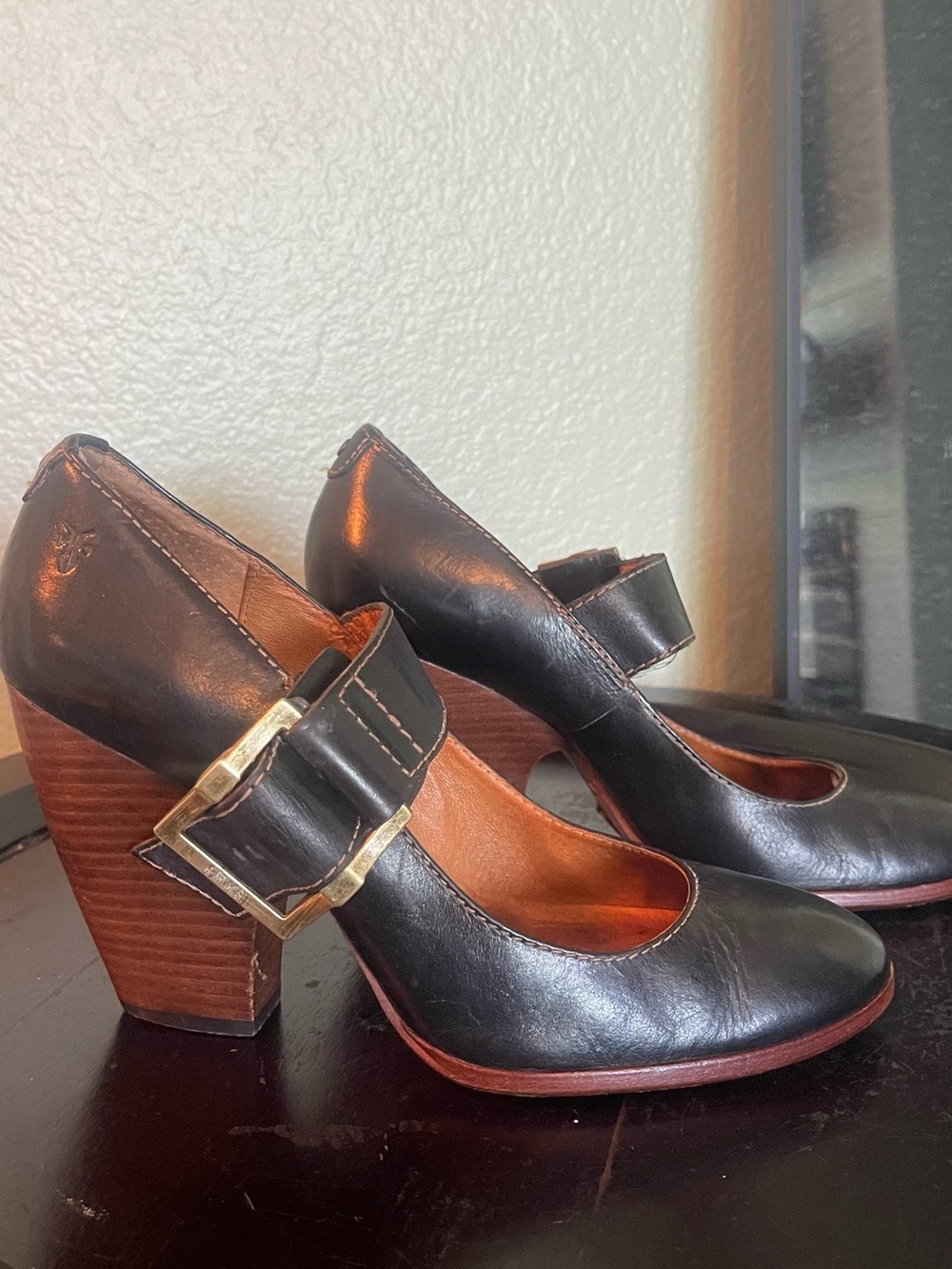 Frye Andrea heels. Leather Mary Jane Pump with Buckle Strap - Black - Picture 2 of 5